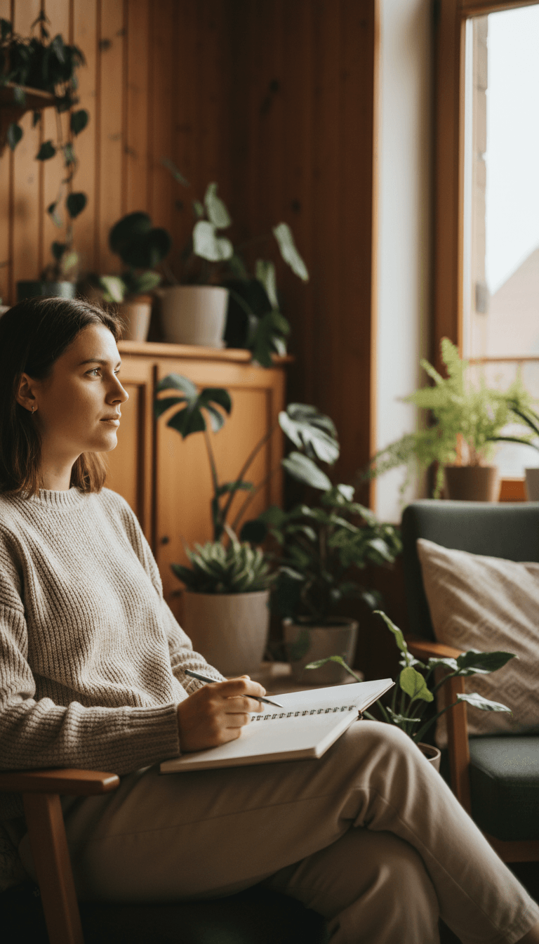 Person seated in plant-filled bright room, journaling and reflecting on recovery progress with peaceful expression Person seated in plant-filled bright room, journaling and reflecting on recovery progress with peaceful expression