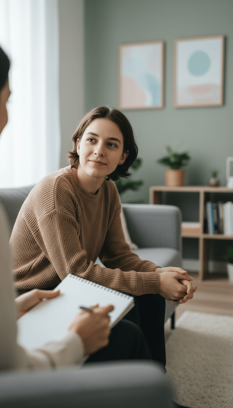 Young adult client sitting thoughtfully during therapy session with therapist visible at edge of frame Young adult client sitting thoughtfully during therapy session with therapist visible at edge of frame