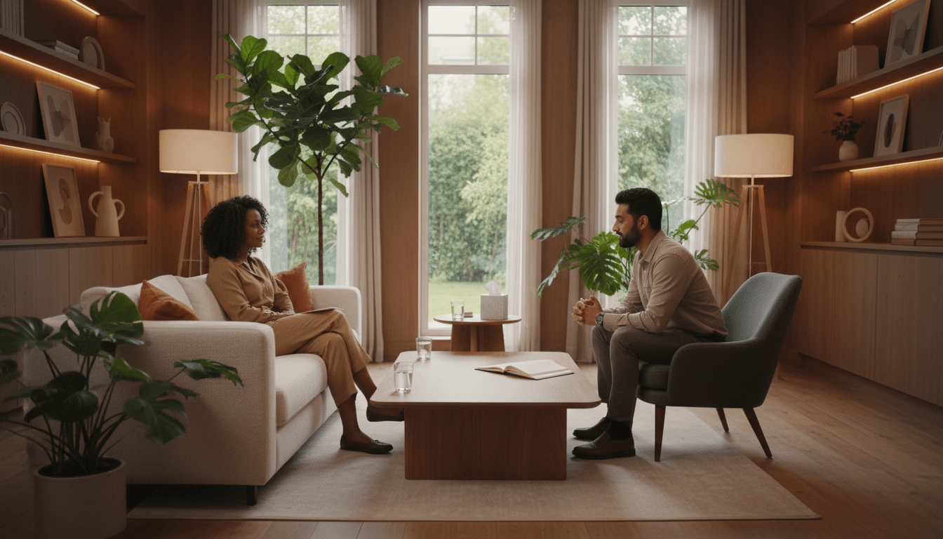 Two people in genuine coaching conversation in warm, plant-filled therapeutic room demonstrating professional emotional support Two people in genuine coaching conversation in warm, plant-filled therapeutic room demonstrating professional emotional support