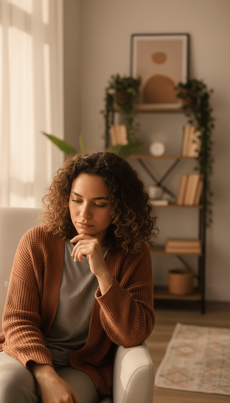 Diverse young adult patient in contemplative moment during therapy session, expressing emotional openness and thoughtfulness Diverse young adult patient in contemplative moment during therapy session, expressing emotional openness and thoughtfulness